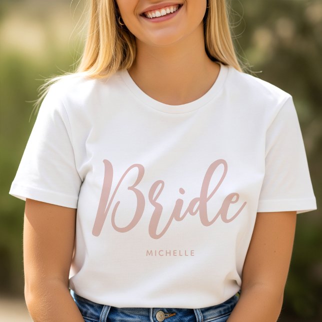 Bride Wedding Personalised Name Dusty Pink White T-Shirt (Creator Uploaded)