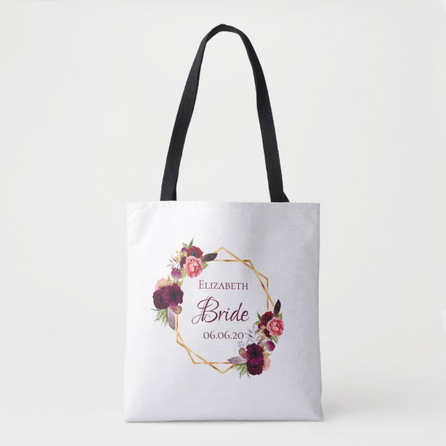 Bride white floral gold geometric wedding name tote bag (Front)