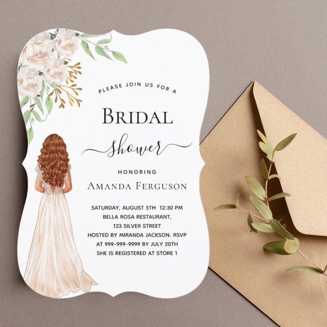 Bride white florals greenery dress bridal shower invitation (Creator Uploaded)