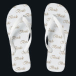 Bride white gold calligraphy pattern elegant chic thongs<br><div class="desc">Bride white and gold script calligraphy pattern elegant chic Flip Flops.
Great gift for brides,  or brides to be.</div>