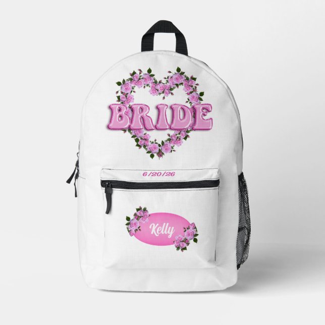 Bride White & Pink Roses Printed Backpack (Front)