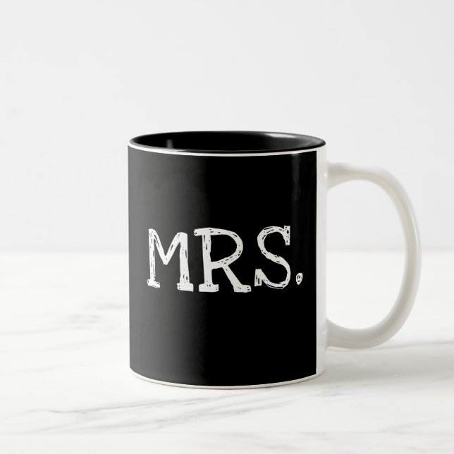 Bride White Text Mrs. Two-Tone Coffee Mug (Right)