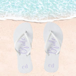 Bride white violet lavender monogram initials thongs<br><div class="desc">A white background. Personalise and add your monogram letters.  Violet,  lavender coloured letters.</div>