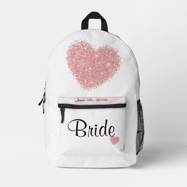 Bride White Wedding Date with Pink Heart Printed Backpack (Front)