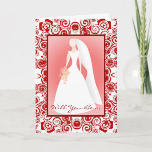 Bride with Bouquet and Red Swirl Border Invitation