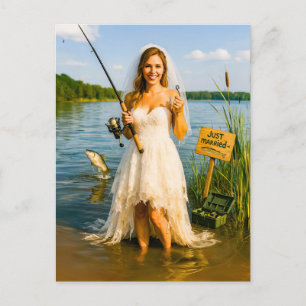 Bride with Fishing Rod and Hook at Lakeside Holiday Postcard