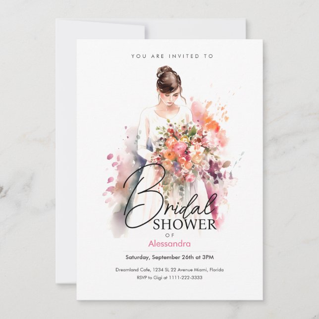 Bride with Flowers in Watercolor | Bridal Shower Invitation (Front)