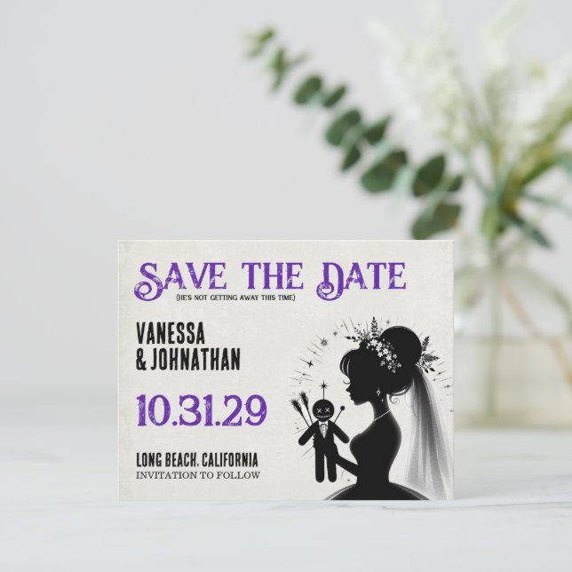 Bride with Voodoo Doll Groom Save The Date (Standing Front)