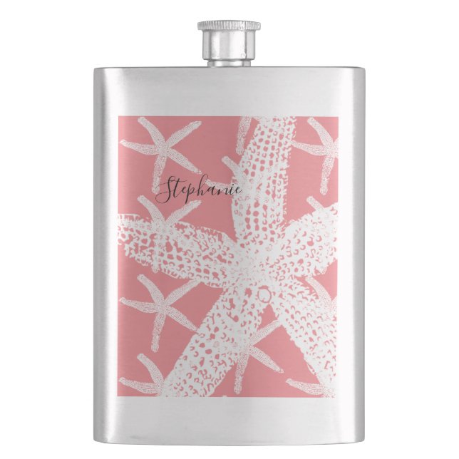 Bridemaid Gift Favour Starfish Pattern Salmon Pink Hip Flask (Front)