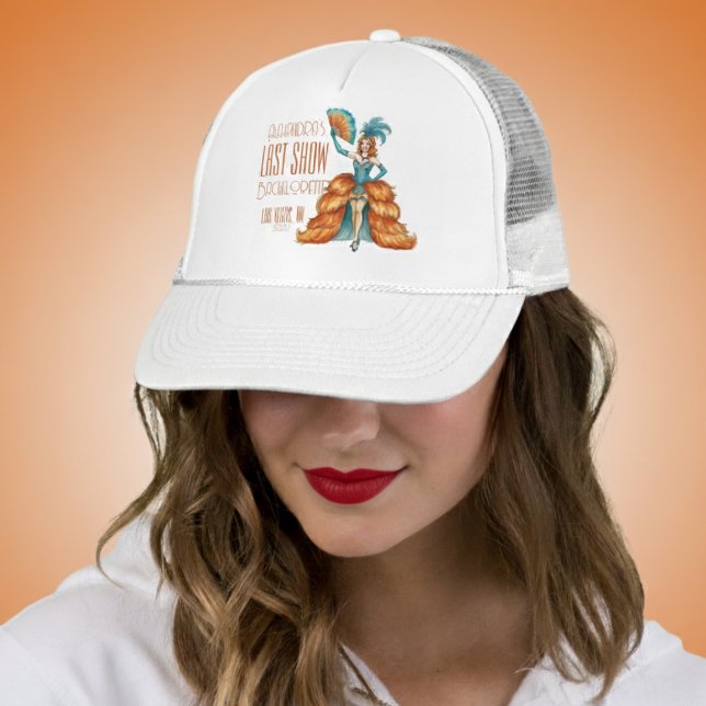 Bride's Final Show Art Deco Showgirl Bachelorette Trucker Hat (Celebrate your Bride-to-be's final act with this Bride's Final Show Art Deco Showgirl Bachelorette!)