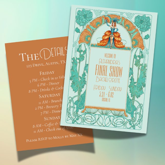 Bride's Final Show Showgirl Bachelorette Itinerary Invitation (Celebrate your Bride-to-be's final act with this Bride's Final Show Showgirl Bachelorette Itinerary!)