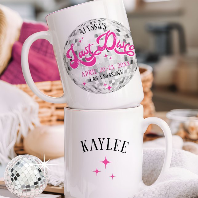 Bride's Last Disco Bachelorette Party Gift Mug (Her Last Disco ball Hot Pink black personalized bridesmaid guest name bachelorette party favor gift)