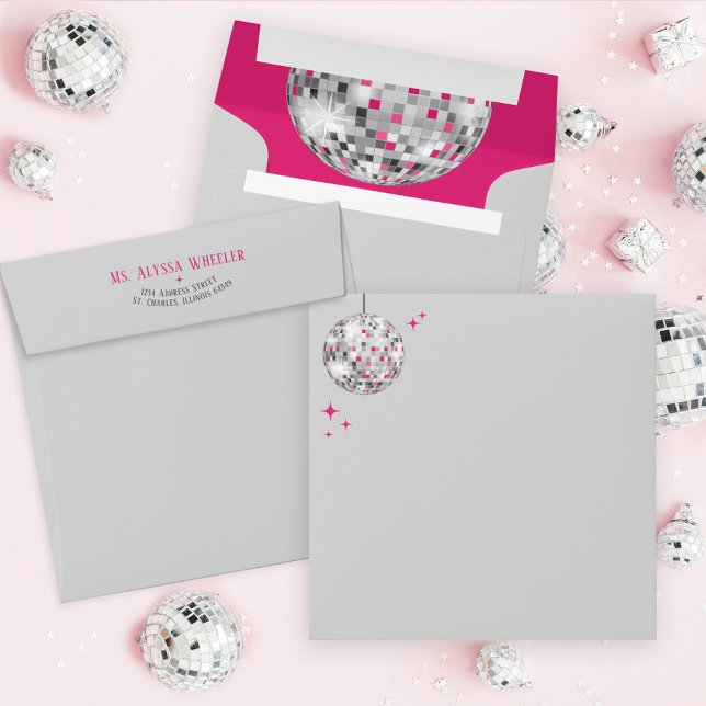 Bride's Last Disco Ball Bachelorette Invitation Envelope (Retro gray hot pink Bride's Last Disco ball wedding bachelorette party invitation envelope addressed)