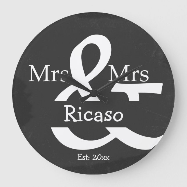Brides Mrs And Mrs Personalised Faux Chalkboard Large Clock (Front)