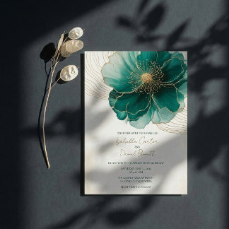 Bride's Teal Floral Gold Wedding Invitation Card