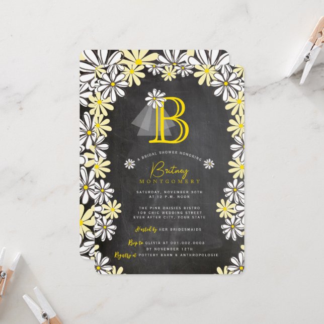 Bride's Veil Monogram Chalkboard Bridal Shower Invitation (Front/Back In Situ)