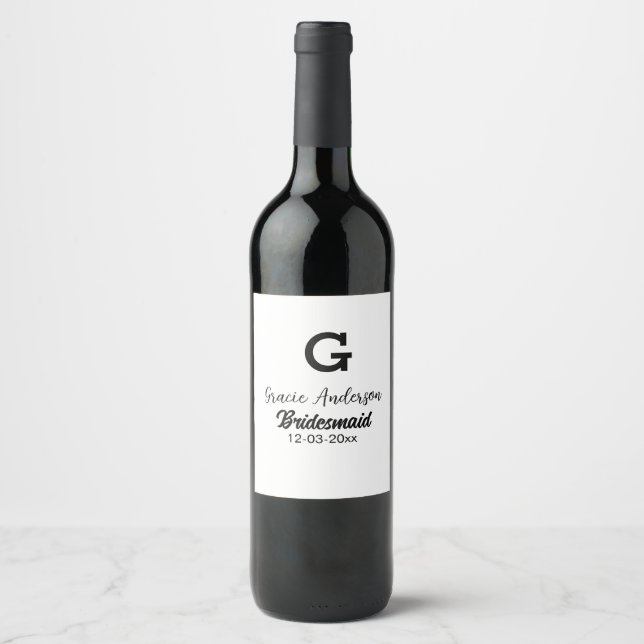 Bridesmaid add name monogram simple minimal modern wine label (Front)