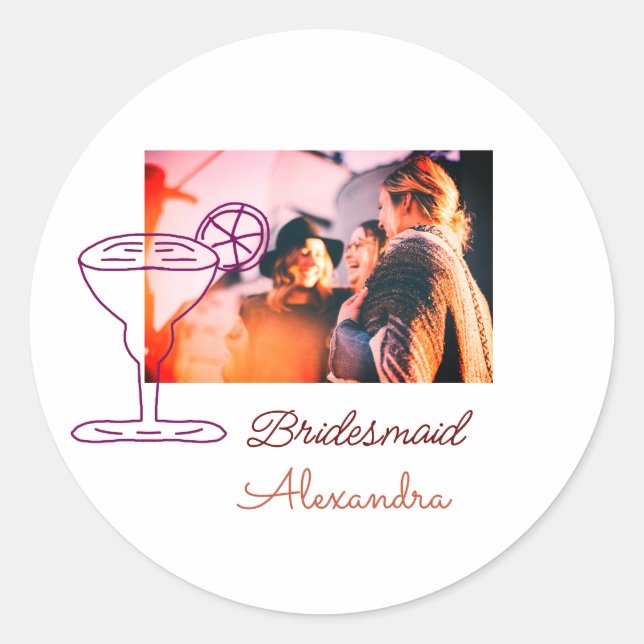 Bridesmaid add picture name cocktail glass coral  classic round sticker (Front)