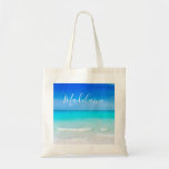 Bridesmaid Beach Personal Summer Wedding Tote Bag<br><div class="desc">Beautiful ocean tropical beach  is the background for this  bridesmaid,   Maid of Honour or guest  tote bag.
An elegant modern design that is easily altered to your own information.
A stand alone wedding design that is also part of a Wedding suite from Just Fine Designs.</div>