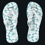Bridesmaid Beach Wedding | Floral White Lace Aqua Thongs<br><div class="desc">Personalised, romantic floral lace beach wedding flip flop sandals- Faux vintage style, floral white lace on beachy feel, turquoise background. Name of bridesmaid at top in curved, elegant style, script letters. Bridesmaid is printed down the middle in modern lettering. Change to fit bridal party members, such as bride, flower girl...</div>