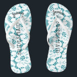 Bridesmaid Beach Wedding | Floral White Lace Aqua Thongs<br><div class="desc">Personalised, romantic floral lace beach wedding flip flop sandals- Faux vintage style, floral white lace on beachy feel, turquoise background. Name of bridesmaid at top in curved, elegant style, script letters. Bridesmaid is printed down the middle in modern lettering. Change to fit bridal party members, such as bride, flower girl...</div>