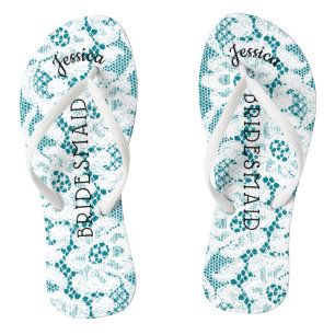 Bridesmaid Beach Wedding Floral White Lace Aqua Thongs