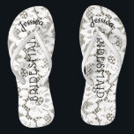 Bridesmaid Beach Wedding Floral White Lace Burlap Thongs<br><div class="desc">Personalised, romantic floral lace, rustic beach wedding flip flop sandals- Faux vintage style, floral white lace on rustic burlap look background. Name of bridesmaid at top in curved, elegant style, script letters. Bridesmaid is printed down the middle in modern lettering. Change to fit bridal party members, such as bride, flower...</div>