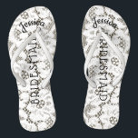 Bridesmaid Beach Wedding Floral White Lace Burlap Thongs<br><div class="desc">Personalised, romantic floral lace, rustic beach wedding flip flop sandals- Faux vintage style, floral white lace on rustic burlap look background. Name of bridesmaid at top in curved, elegant style, script letters. Bridesmaid is printed down the middle in modern lettering. Change to fit bridal party members, such as bride, flower...</div>