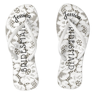 Bridesmaid Beach Wedding Floral White Lace Burlap Thongs