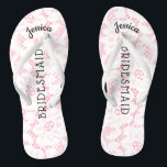 Bridesmaid Beach Wedding | Floral White Lace Pink Thongs<br><div class="desc">Personalised, romantic floral lace beach wedding flip flop sandals- Faux vintage style, floral white lace on feminine pink background. Name of bridesmaid at top in curved, elegant style, script letters. Bridesmaid is printed down the middle in modern lettering. Change to fit bridal party members, such as bride, flower girl or...</div>