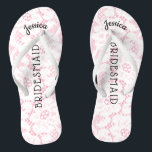 Bridesmaid Beach Wedding | Floral White Lace Pink Thongs<br><div class="desc">Personalised, romantic floral lace beach wedding flip flop sandals- Faux vintage style, floral white lace on feminine pink background. Name of bridesmaid at top in curved, elegant style, script letters. Bridesmaid is printed down the middle in modern lettering. Change to fit bridal party members, such as bride, flower girl or...</div>