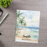 Bridesmaid beach wedding notebook<br><div class="desc">A tropical beach,  waves and palm trees,  watercolored.  Personalise and add your bridesmaid's name.   Black handwritten style script.</div>