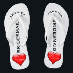 Bridesmaid Beach Wedding | Team Bride Hearts Thongs<br><div class="desc">Custom, romantic hearts beach wedding flip flop sandals- Fun, red heart design at bottom. Reads Team, then Bride, on other sandal in elegant, white letters. Bridesmaid is printed down the middle in modern, black letters. Change to fit bridal party members, such as flower girl or maid of honour. Personalised name...</div>