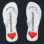 Bridesmaid Beach Wedding | Team Bride Hearts Thongs<br><div class="desc">Custom, romantic hearts beach wedding flip flop sandals- Fun, red heart design at bottom. Reads Team, then Bride, on other sandal in elegant, white letters. Bridesmaid is printed down the middle in modern, black letters. Change to fit bridal party members, such as flower girl or maid of honour. Personalised name...</div>