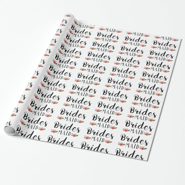 Bridesmaid Black Modern Text & Flowers Pattern Wrapping Paper (Unrolled)