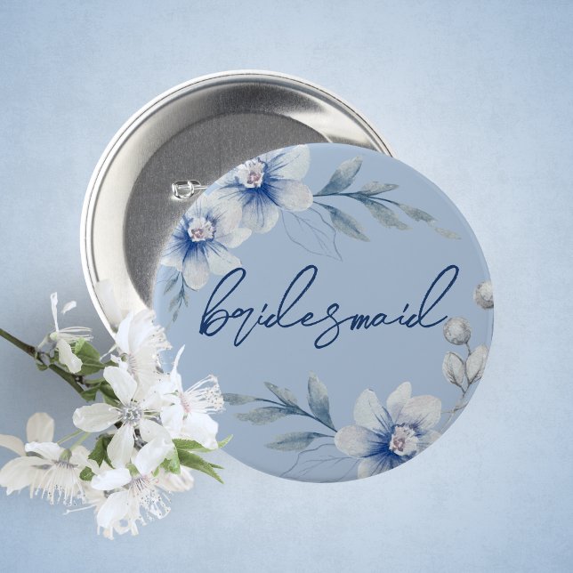 Bridesmaid Blue Floral Bridal Shower Button (Bridesmaid Watercolor Blue Floral Guest of Honor Buttons. 5 Sizes Available)