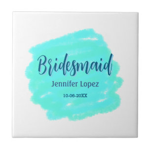 Bridesmaid blue green watercolor add name date sty ceramic tile