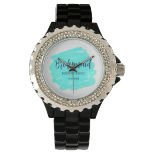Bridesmaid blue green watercolor add name date sty watch