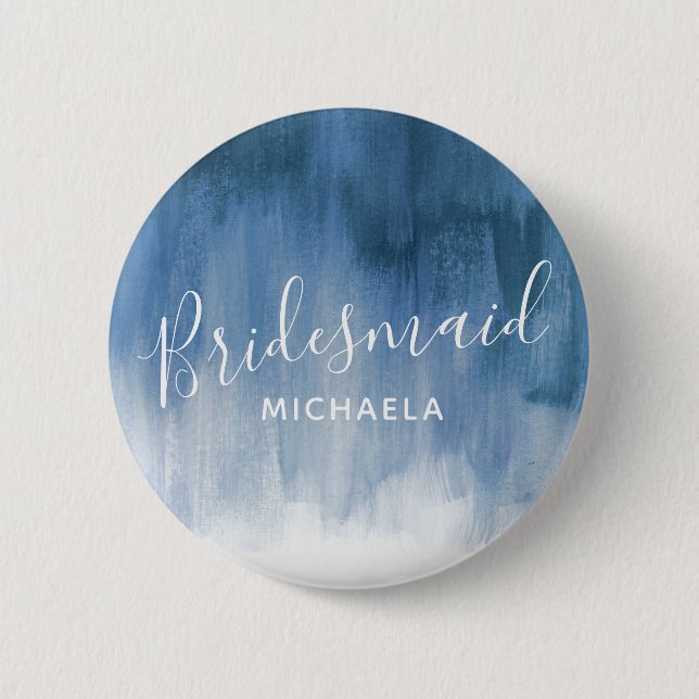 Bridesmaid blue grey abstract art wedding button (Front)