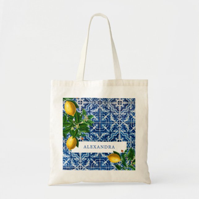 Bridesmaid Blue Tiles Lemons Personal Tote Bag (Front)