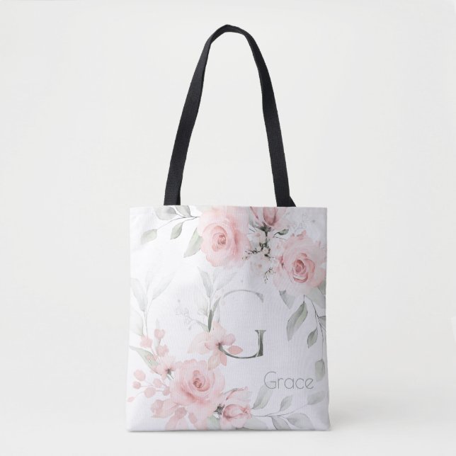 Bridesmaid Blush Pink Rose Monogram Letter G Tote Bag (Front)