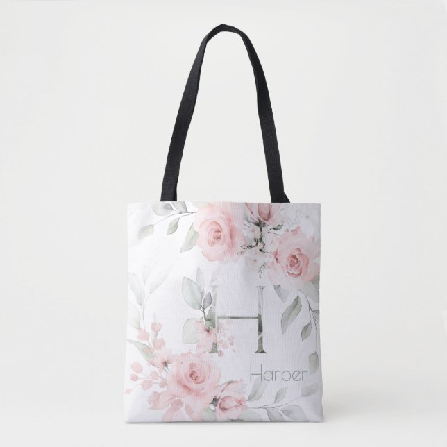 Bridesmaid Blush Pink Rose Monogram Letter H Tote Bag (Front)