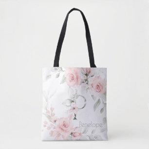 Bridesmaid Blush Pink Rose Monogram Letter P Tote Bag