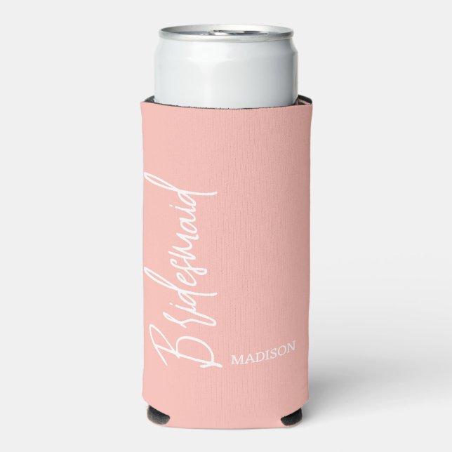 Bridesmaid Blush Pink White Script Personalised Seltzer Can Cooler (Seltzer Front)