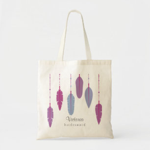 Bridesmaid Boho Purple Feather Monogrammed Tote Bag