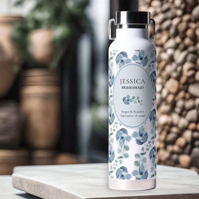 Bridesmaid Bridal Party Eucalyptus Wedding Water Bottle (Eucalyptus wedding bridesmaids gift to personalize for anyone or everyone in your wedding party)