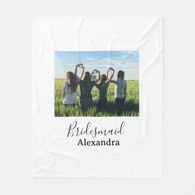 Bridesmaid bride squad name calligraphy photo gift fleece blanket (Front)