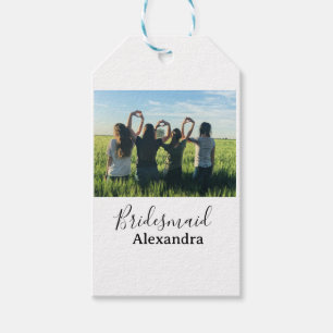 Bridesmaid bride squad name calligraphy photo gift tags