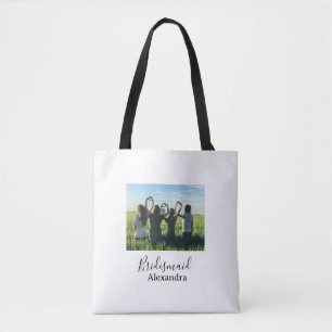 Bridesmaid bride squad name calligraphy photo gift tote bag
