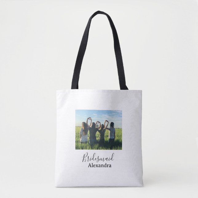 Bridesmaid bride squad name calligraphy photo gift tote bag (Front)